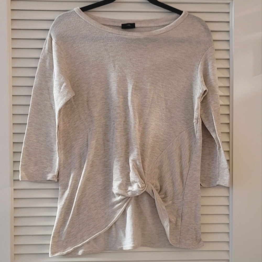 Bobeau- Cream Long-Sleeve Top With Faux Tie Knot In Front